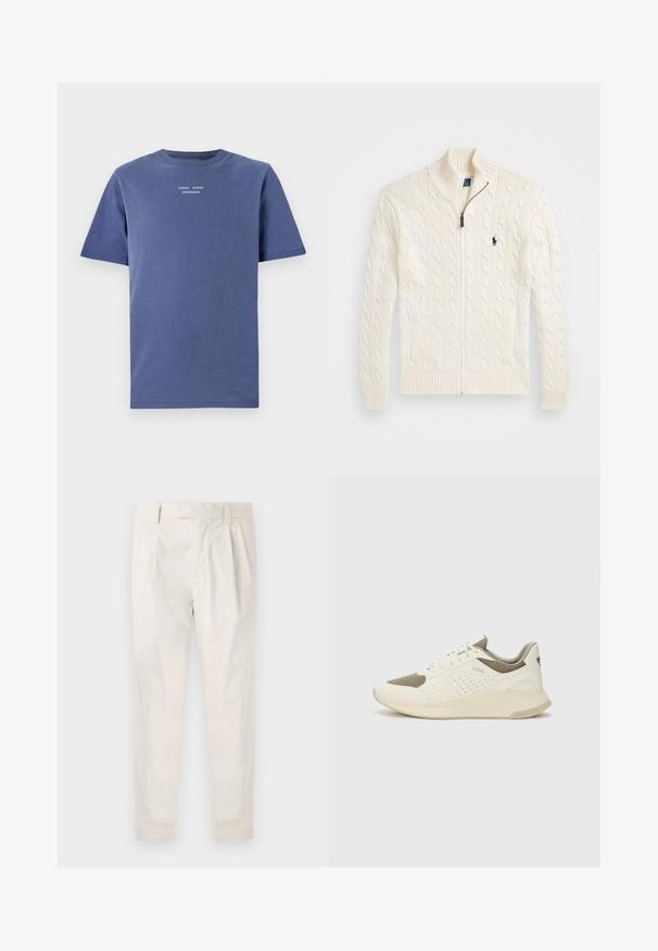 Strikket hvit genser med høy krage, kabelmønster, glidelås og ribbede mansjetter. Den har to lommer foran og en liten logo på brystet.; Mørkeblå t-skjorte med kort erm laget av bomull. Har en rund hals og liten hvit tekst på brystet: "SAMSØE SAMSØE COPENHAGEN."; Hvite, pregede bukser med skreddersydd passform, som har en jevn tekstur, beltehemper og avsmalnende ben. Ingen synlige lommer eller mønstre.; Hvit og lysebeige treningssko, med en mesh-overdel, perforerte detaljer og en teksturert mellomsåle med merkevare på hælen.