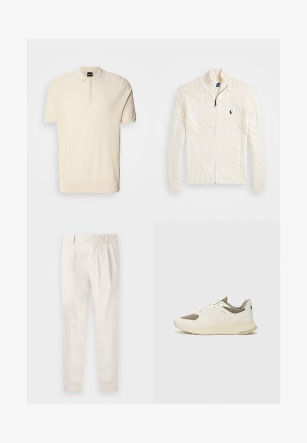 Fehér kötött pulóver magas gallérral, kábelmintázattal, cipzáros záródással és bordázott mandzsettával. Két előlapi zsebbel és egy kis logóval a mellkason.; Rövid ujjú, világos bézs pólóing, puha kötött anyagból készült. Fél cipzáros gallérral és testhezálló fazonnal rendelkezik, bordázott aljjal.; Fehér, pliszírozott nadrág, testre szabott szabással, sima felülettel, övhurkokkal és karcsú lábszárral. Nincs látható zseb vagy minta.; Fehér és világos bézs sportcipő, légies hálós felsőrésszel, perforált részletekkel és texturált középtalppal, amelyen a saroknál a márka logója található.