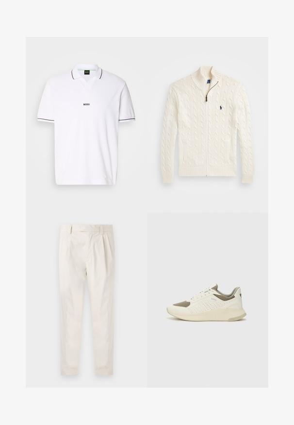Sweater branco de malha com gola alta, padrão em relevo, fecho de zip e punhos em canelado. Apresenta dois bolsos frontais e um pequeno logótipo no peito.; Camisa polo branca feita de tecido texturizado. Apresenta um decote em V, mangas curtas e detalhes em cinza escuro na gola e nos punhos das mangas. Logótipo "BOSS" exibido.; Calças brancas pregueadas com um corte ajustado, apresentando uma textura suave, passantes de cinto e pernas afuniladas. Sem bolsos visíveis ou padrões.; Sapatilha atlética branca e bege claro, com parte superior em malha, detalhes perfurados e uma entressola texturizada com marcação no calcanhar.