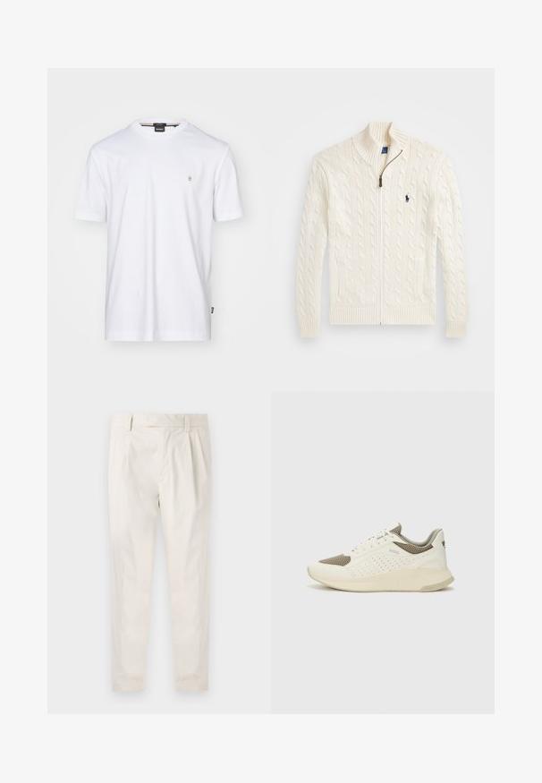 Strikket hvit genser med høy krage, kabelmønster, glidelås og ribbede mansjetter. Den har to lommer foran og en liten logo på brystet.; Hvit bomull t-skjorte med rund hals, korte ermer og en liten brodert logo på brystet. Glatt tekstur, uformelt design.; Hvite, pregede bukser med skreddersydd passform, som har en jevn tekstur, beltehemper og avsmalnende ben. Ingen synlige lommer eller mønstre.; Hvit og lysebeige treningssko, med en mesh-overdel, perforerte detaljer og en teksturert mellomsåle med merkevare på hælen.