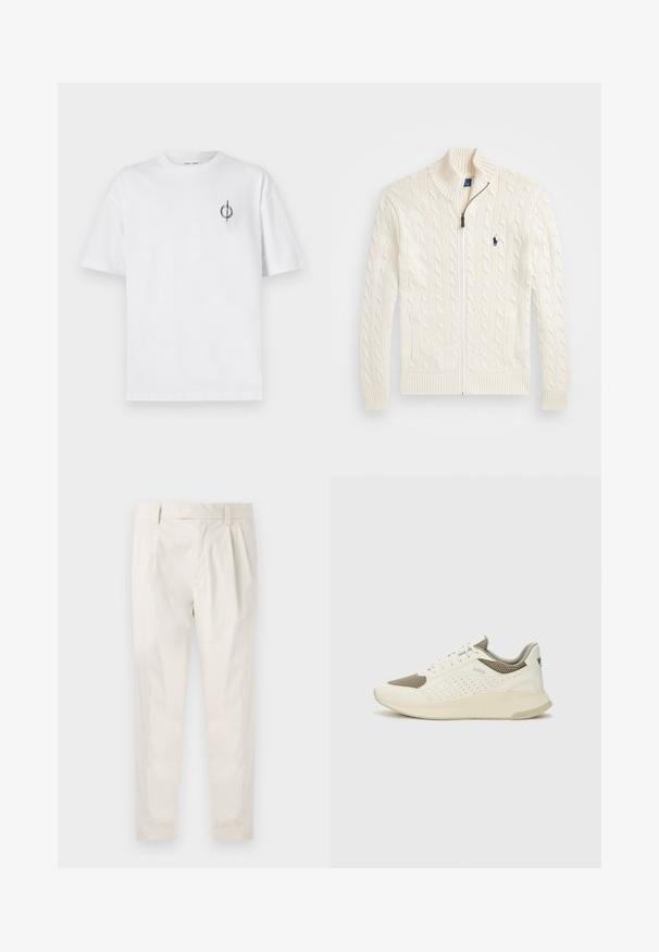 Suéter blanco de punto con cuello alto, patrón de trenzas, cierre de cremallera y puños acanalados. Presenta dos bolsillos frontales y un pequeño logo en el pecho.; Camiseta de algodón blanca con un corte relajado, con un pequeño logotipo gráfico negro en el área del pecho izquierdo. Mangas cortas, estilo cuello redondo.; Pantalones blancos plisados con un ajuste entallado, que presentan una textura suave, pasadores para el cinturón y piernas ajustadas. Sin bolsillos visibles ni patrones.; Zapatilla deportiva en blanco y beige claro, con parte superior de malla, detalles perforados y una mediasuela texturizada con la marca en el talón.