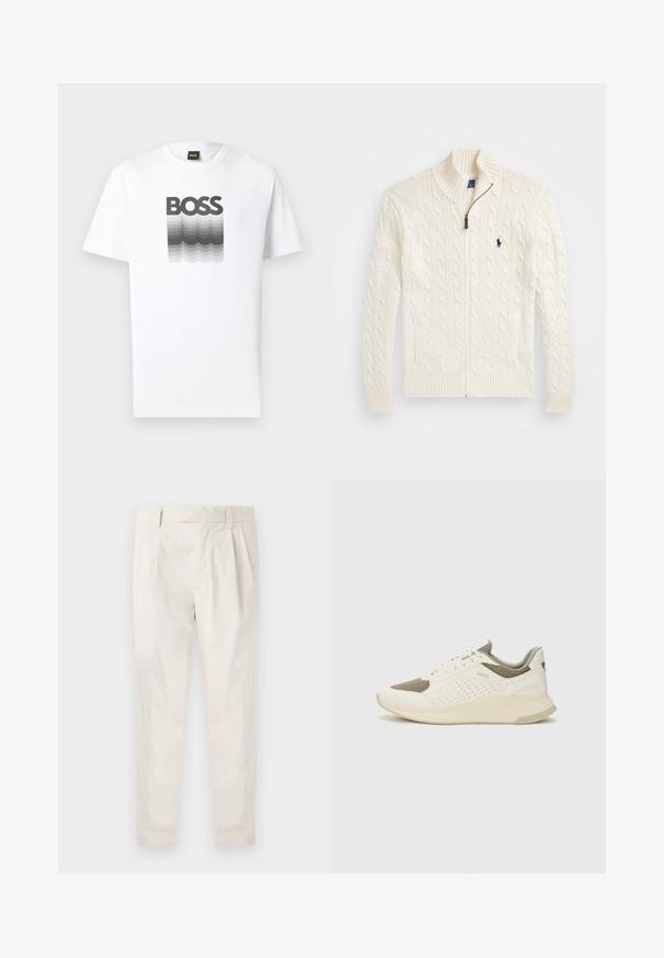 Knit white sweater with a high collar, cable pattern, zip closure, and ribbed cuffs. Featuring two front pockets and a small logo on the chest.; White short-sleeve t-shirt with black and gray gradient wave design and bold "BOSS" text centered on the chest.; White, pleated trousers with a tailored fit, featuring a smooth texture, belt loops, and tapered legs. No visible pockets or patterns.; White and light beige athletic sneaker, featuring a mesh upper, perforated detailing, and a textured midsole with branding on the heel.