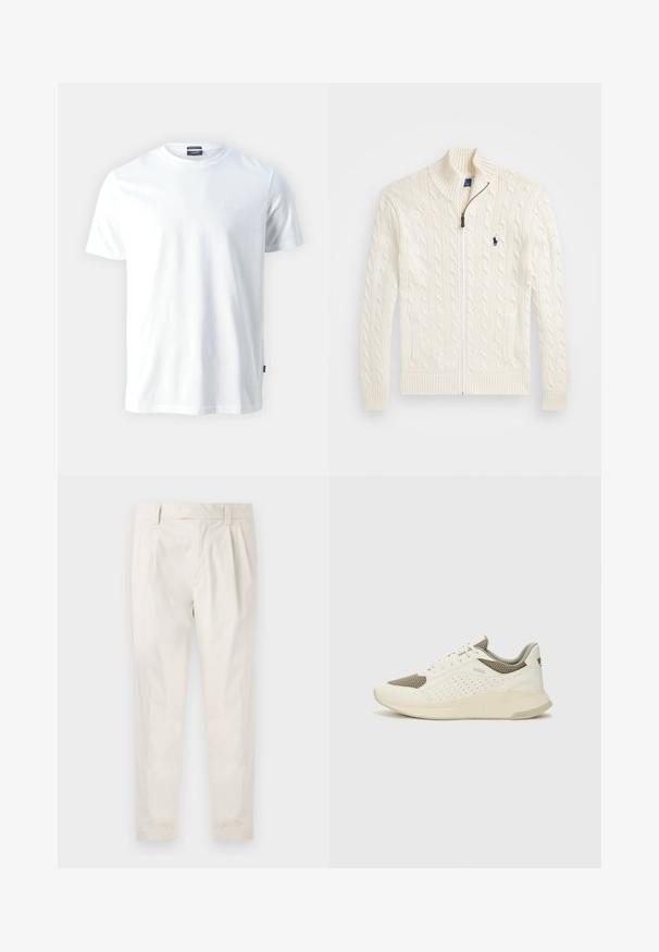 Maglione bianco lavorato a maglia con colletto alto, motivo a trecce, chiusura con zip e polsini a costine. Dotato di due tasche frontali e di un piccolo logo sul petto.; T-shirt bianca in cotone con colletto girocollo e maniche corte, caratterizzata da un sottile logo "Joop!" impresso sul petto e un orlo dritto.; Pantaloni bianchi plissettati con taglio su misura, caratterizzati da una texture liscia, passanti per la cintura e gambe affusolate. Nessuna tasca o motivo visibile.; Sneaker atletica bianca e beige chiaro, con tomaia in mesh, dettagli perforati e una suola intermedia texturizzata con marchio sul tallone.