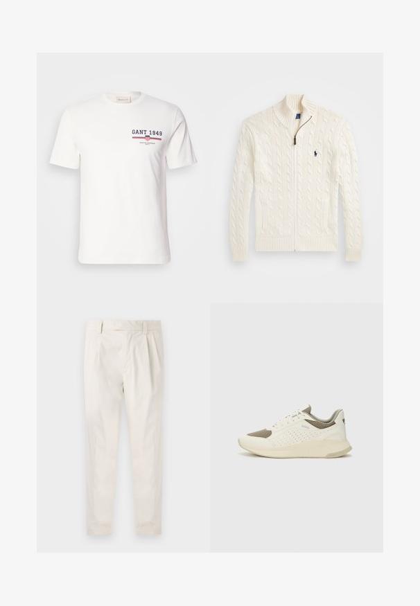 Weißer Strickpullover mit hohem Kragen, Kabelmuster, Reißverschluss und gerippten Bündchen. Mit zwei Fronttaschen und einem kleinen Logo auf der Brust.; Weißes Baumwoll-T-Shirt mit kurzen Ärmeln, das das "GANT 1949"-Logo in Marineblau und Rot sowie horizontale rote und blaue Streifenakzente zeigt.; Weiße, plissierte Hose mit taillierten Schnitt, die eine glatte Textur, Gürtelschlaufen und schmal zulaufende Beine aufweist. Keine sichtbaren Taschen oder Muster.; Weiße und hellbeige Sport Sneakers, ausgestattet mit einem Obermaterial aus Netzgewebe, perforierten Details und einer strukturierten Zwischensohle mit Branding an der Ferse.