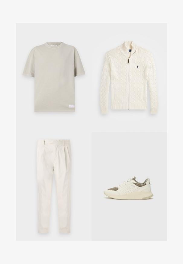 Sweater branco de malha com gola alta, padrão em relevo, fecho de zip e punhos em canelado. Apresenta dois bolsos frontais e um pequeno logótipo no peito.; T-shirt de manga curta em tom bege claro, feito de tecido suave, com decote redondo e uma pequena etiqueta na parte inferior esquerda.; Calças brancas pregueadas com um corte ajustado, apresentando uma textura suave, passantes de cinto e pernas afuniladas. Sem bolsos visíveis ou padrões.; Sapatilha atlética branca e bege claro, com parte superior em malha, detalhes perfurados e uma entressola texturizada com marcação no calcanhar.