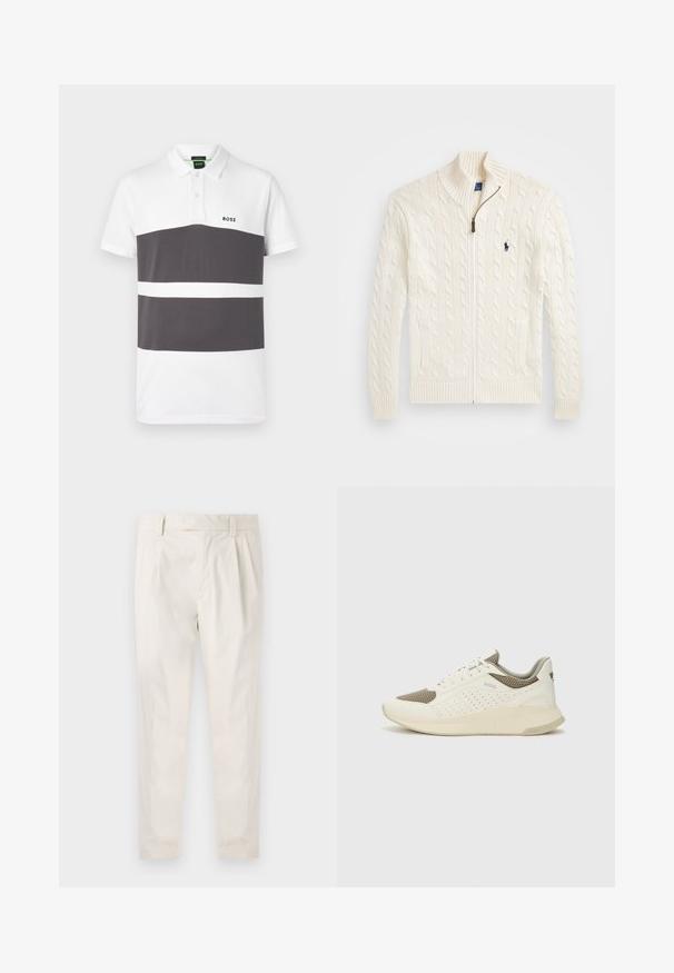 Fehér kötött pulóver magas gallérral, kábelmintázattal, cipzáros záródással és bordázott mandzsettával. Két előlapi zsebbel és egy kis logóval a mellkason.; Fehér és sötétszürke pólóing, három vízszintes csíkkal. Klasszikus gallérral, rövid ujjakkal rendelkezik, és a mellkasán egy kis logó található.; Fehér, pliszírozott nadrág, testre szabott szabással, sima felülettel, övhurkokkal és karcsú lábszárral. Nincs látható zseb vagy minta.; Fehér és világos bézs sportcipő, légies hálós felsőrésszel, perforált részletekkel és texturált középtalppal, amelyen a saroknál a márka logója található.