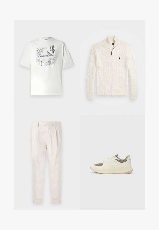 Neule valkoinen paita, jossa on korkea kaulus, palmikkokuvio, vetoketjusulku ja ribbireunat. Edessä kaksi taskua ja pieni logo rinnassa.; Valkoinen puuvillapaita lyhyillä hihoilla, jossa on kuva Fuji-vuoresta kukkien ympäröimänä ja japaninkielistä tekstiä monivärisessä designissa.; Valkoiset, laskostetut housut, joissa on räätälöity istuvuus. Housut ovat sileäpintaiset, niissä on vyölenkit ja kapenevat lahkeet. Ei näkyviä taskuja tai kuvioita.; Valkoinen ja vaaleanbeige urheilukengät, joissa on verkkomateriaali yläosa, rei'itettyjä yksityiskohtia ja teksturoitu välipohja, jossa on brändäys kantapäässä.