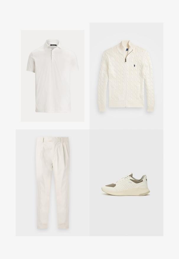 Biely pletený sveter s vysokým golierom, káblovým vzorom, zipsovým zapínaním a rebrovanými manžetami. Obsahuje dve predné vrecká a malé logo na hrudi.; Biely polo tričko s krátkym rukávom, golierom a zapínaním na dve gombíky, vystavené na jednoduchom svetlom pozadí.; Biele plisované nohavice s prispôsobeným strihom, s hladkou textúrou, pútkami na opasok a zúženými nohavicami. Žiadne viditeľné vrecká ani vzory.; Biele a svetlo béžové športové tenisky s hornou časťou z mriežkového materiálu, perforovanými detailmi a textúrovanou medzipodrážkou s logom na päte.