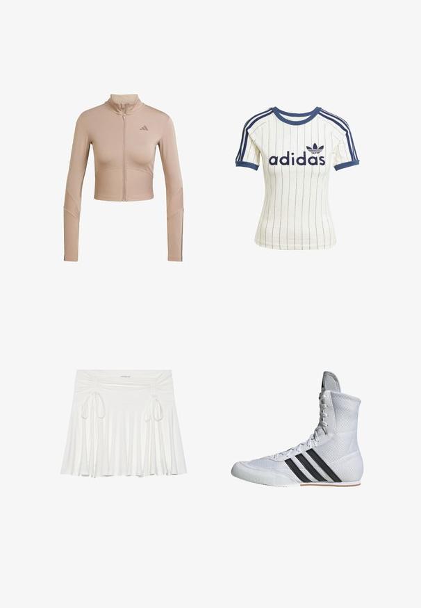 Giacca sportiva corta beige con colletto alto, zip completa, texture a coste sulle maniche e sull'orlo inferiore, con un piccolo logo sul petto.; T-shirt bianca a strisce Adidas con dettagli blu navy, dotata di collo rotondo, maniche raglan corte e un bold logo "adidas" sul davanti.; Gonna bianca a campana realizzata in un tessuto morbido, con dettagli arricciati ai lati e legature regolabili, che creano una silhouette fluida.; Scarpa sportiva bianca con caviglia alta, upper in rete e tre righe nere. Presenta una punta rinforzata e una suola testurizzata.