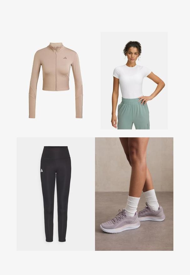 Beige atletisk cropped jakke med høj krave, fuld lynlås, ribbet tekstur på ærmerne og nederste kant, med et lille logo på brystet.; Hvid tætsiddende t-shirt med korte ærmer, parret med lys grønne bukser med elastisk talje. Glat tekstur, minimalistisk design og ingen synlige mønstre.; Sorte højtlivede leggings lavet af strækbart materiale. Har et hvidt logo på venstre side og et slankt, sømløst design. Glat tekstur.; Lyse lilla sportsko med en tekstureret strikoverdel, accentueret med en hvid mellemsål og matchende hvide ribbede sokker.