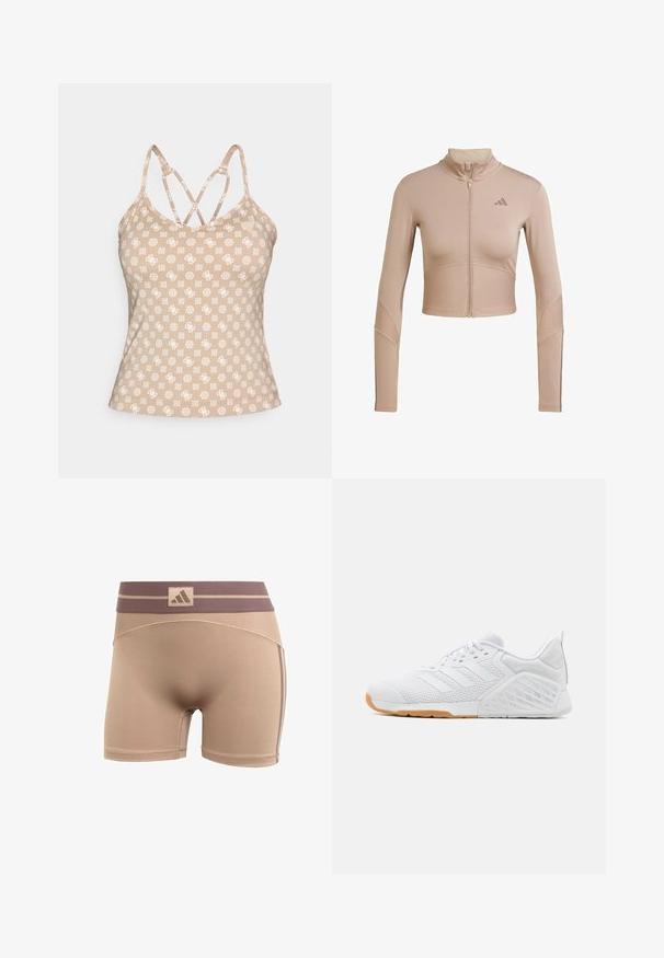 Bežna atletska kratka jakna s visokim ovratnikom, punim patentnim zatvaračem, rebrastom teksturom na rukavima i donjem rubu, sa malim logotipom na prsima.; Bež majica na bretele s bijelim ponavljajućim geometrijskim uzorcima. Ima podesive ukrštene naramenice i uski kroj. Glatka tekstura.; adidas Performance HYPERGLAM - Tajice - chalky brown earth strata; adidas Performance DROPSET 3 TRAINER UNISEX - Tenisice za trening - footwear white/crystal white