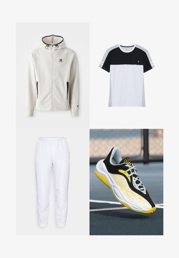Άσπρο φούτερ με κουκούλα και φερμουάρ μπροστά, με μαύρες λεπτομέρειες από φερμουάρ και ένα μικρό μαύρο λογότυπο στο στήθος. Διαθέτει πλευρικές τσέπες και ριμπ μανσέτες.; T-shirt κοντομάνικο με μαύρο επάνω μέρος, λευκό μέσο και γκρίζο κάτω μέρος. Περιλαμβάνει ριγέ λεπτομέρειες στα μανίκια. Μαλακό ύφασμα.; Λευκά αθλητικά παντελόνια φτιαγμένα από λείο, ελαφρύ υλικό. Διαθέτουν ελαστική μέση και συρρίκνωση στον αστράγαλο. Διακριτική λεπτομέρεια λογότυπου στο πλάι.; Μαύρα, άσπρα και κίτρινα αθλητικά παπούτσια με το σήμα "Curry", που αιωρούνται πάνω σε μπλε αθλητικό γήπεδο με λευκές γραμμές και φόντο από αλυσίδα.
