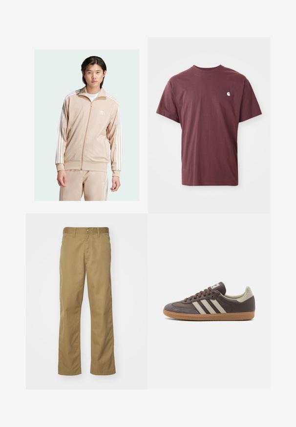 Beżowa kurtka sportowa na zamek wykonana z gładkiego materiału, z białym motywem trzech pasków na rękawach oraz małym białym logo na klatce piersiowej.; Burgundowa bawełniana koszulka z krótkim rękawem, okrągłym dekoltem i małym białym logo na lewej piersi. Gładka struktura, luźny krój.; Khaki chinos o prostym kroju, wykonane z gładkiej bawełny. Posiadają zapięcie na guzik z przodu oraz kieszenie boczne.; Brązowe skórzane trampki z trzema jasnymi paskami, gumową podeszwą, zaokrąglonym noskiem oraz teksturowanymi zamszowymi akcentami na pięcie i nosku.