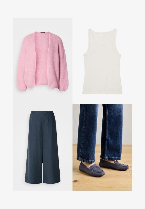 Różowy sweter z dzianiny o luźnym kroju, z otwartym przodem i opadającymi ramionami. Miękka faktura, prążkowane mankiety i detale u dołu.; Biała bawełniana koszulka na ramiączkach z szerokim dekoltem i cienkimi ramiączkami. Gładka faktura bez widocznych wzorów czy zdobień.; Spodnie z szerokimi nogawkami w kolorze granatowym, wykonane z lekkiego materiału. Cechują się lekko teksturowaną powierzchnią, elastycznym pasem oraz szwami z przodu.; Fioletowe zamszowe loafersy z przeszyciem i płaską gumową podeszwą, noszone z szerokimi niebieskimi dżinsami, prezentujące casualowy styl na drewnianej podłodze.