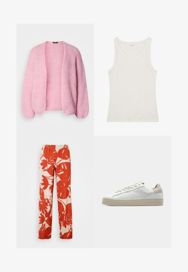 Rozā adīta kardigāna ar brīvu piegriezumu, atvērtu priekšpusi un nolaistām plecu šuvēm. Mīksta tekstūra, ribotas aproces un apakšmalas detaļas.; Balta kokvilnas topiņa ar platu kakla izgriezumu un plānām plecu lencēm. Gluda tekstūra bez redzamām apdrukām vai rotājumiem.; Sarkans un krēms ziedu raksts platās kājās bikses ar elastīgu jostu. Audumam ir gluda tekstūra, un tajā ir lieli lapu un ziedu motīvi.; Baltas ādas sporta apavi ar gludu virsmu, bēšas zamša akcenti, apaļa pirksta forma, plakans šņorēšanas dizains un tekstūrota gumijas zole.