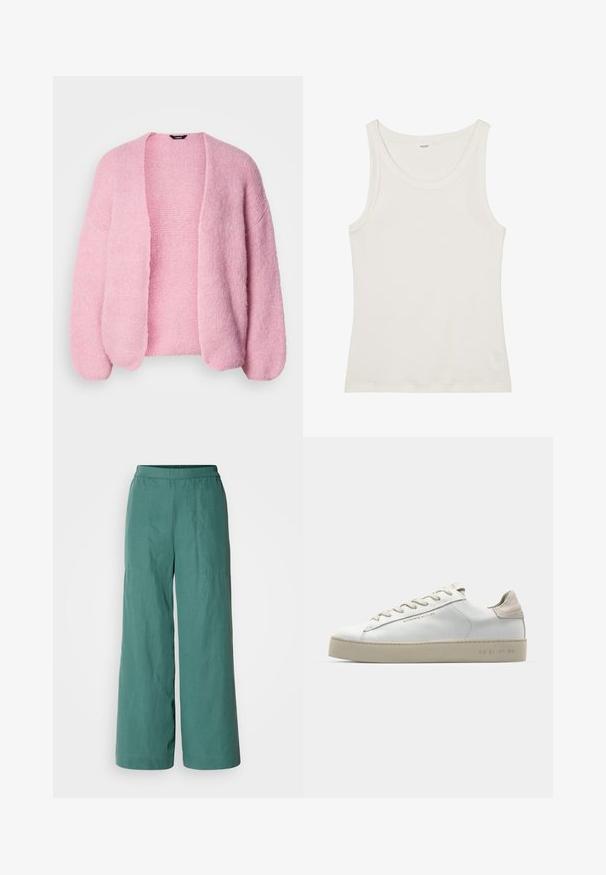 Ružičasti pleteni kardigan s labavim krojem, otvorenim prednjim dijelom i spuštenim ramenima. Mekana tekstura, rebrasti detalji na rukavima i rubu.; Bijela pamučna majica bez rukava s širokim izrezom i tankim naramenicama. Glatka tekstura bez vidljivih uzoraka ili ukrasa.; Hlače širokih nogavica u čvrstoj boji teal, s elastičnim pojasom i laganom, teksturiranom tkaninom. Pogodne za svakodnevno nošenje.; Bijele kožne tenisice s glatkom površinom, bež nubuk detalji, okrugli vrh, ravni dizajn s vezicama i strukturirana gumena potplat.