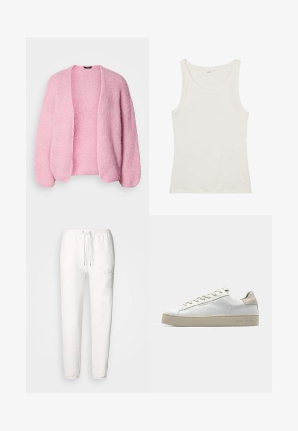 Cardigan tricotat roz, cu o croială lejeră, deschis în față și cu umeri lăsați. Textură moale, detalii cu margini ondulate la manșete și la tiv.; Top din bumbac alb, fără mâneci, cu un decolteu larg și bretele subțiri. Textură netedă, fără modele sau embellismente vizibile.; Pantaloni de trening albi, dintr-un material moale, cu talie ajustabilă și logo brodat pe coapsa stângă. Design cu pantaloni conici.; Adidași din piele albă cu finisaj neted, accente din suede bej, vârf rotund, design cu șireturi plate și talpă din cauciuc texturat.