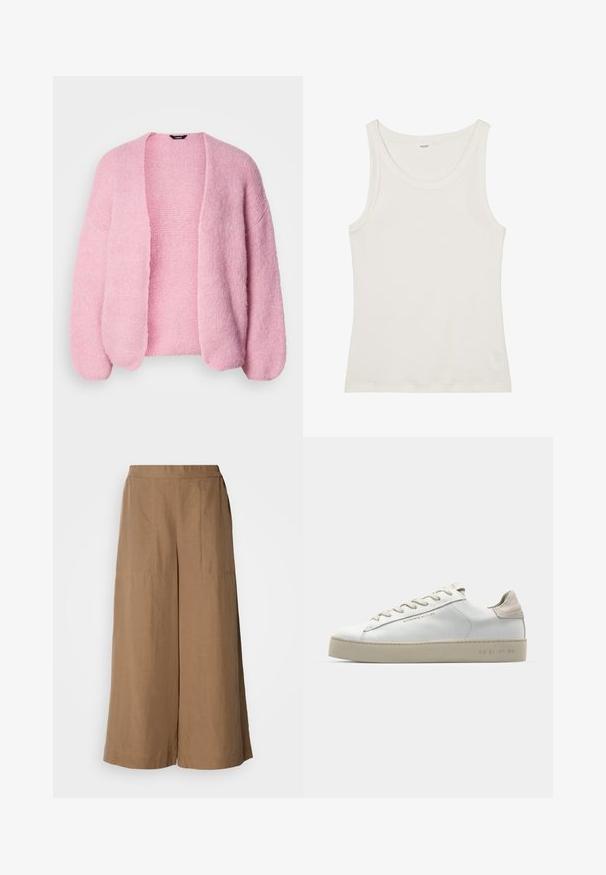 Ružičasti pleteni kardigan s labavim krojem, otvorenim prednjim dijelom i spuštenim ramenima. Mekana tekstura, rebrasti detalji na rukavima i rubu.; Bijela pamučna majica bez rukava s širokim izrezom i tankim naramenicama. Glatka tekstura bez vidljivih uzoraka ili ukrasa.; Hlače širokih nogavica od svijetlosmeđeg tkanog materijala. Imaju visoki elastični pojas, bočne džepove i glatku teksturu.; Bijele kožne tenisice s glatkom površinom, bež nubuk detalji, okrugli vrh, ravni dizajn s vezicama i strukturirana gumena potplat.