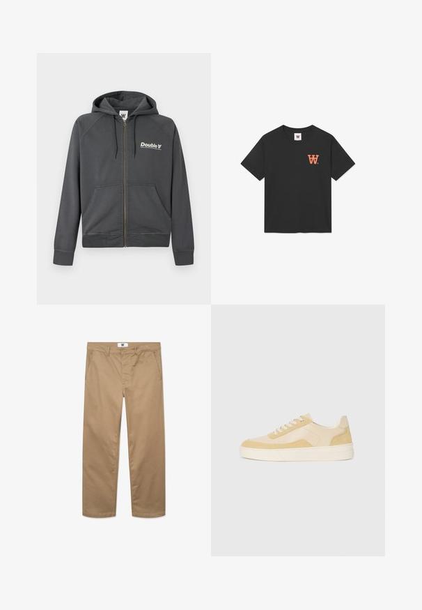 Šedá mikina na zip vyrobená z měkké tkaniny, s klokankou, kapucí se šňůrkou a bílým logem "Double V" na levé části hrudi.; Černé bavlněné tričko s krátkým rukávem, kulatým výstřihem a oranžovým logem "W" na levé části hrudi. Měkká, hladká textura.; Khaki bavlněné kalhoty s rovnými nohavicemi, vybavené jedním knoflíkem na zavírání, poutky na opasek a dvěma bočními kapsami. Hladká textura.; Tenisky ve světlé žluté nubukové a kožené úpravě, vybavené polstrovanou podrážkou a šitými detaily. Klasický styl na šněrování s kulatou špičkou.