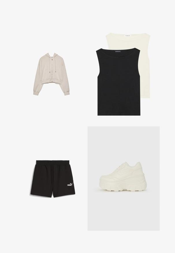 Bežna skrajšana kapuca z zadrgo spredaj, vrvicami in dvema velikima sprednjima žepoma. Ima dolge, sproščene rokave in rebraste manšete.; Črne in kremaste brezrokavnike iz bombaža, z okroglimi izrezi in gladko teksturo, zloženih skupaj, s vidnimi etiketam.; Črne atletske kratke hlače iz lahkega materiala. Imajo elastičen pas in stranske žepke. Bele Puma logotip na spodnji levi strani.; Bele platformske tene z belim zgornjim delom, ki spominja na usnje, okroglo obliko, oblazinjen ovratnik ter gumo z teksturo na podplatu z izrazitimi profili.