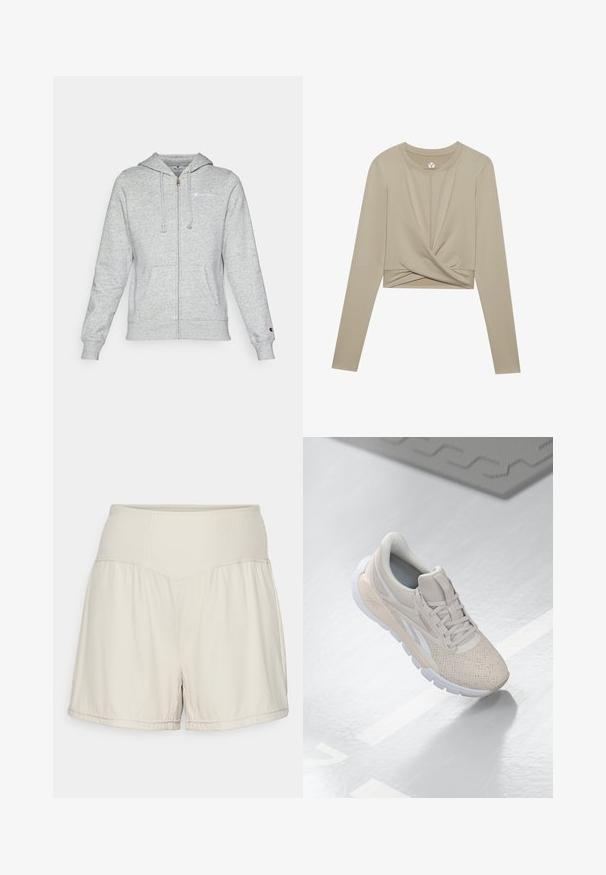 Szürke, cipzáros kapucnis pulóver, puha anyagból készült, bal mellen logóval, húzózsinórral ellátott kapucnival és elülső zsebekkel. Klasszikus szabású ribbelt mandzsettákkal.; Világos bézs, hosszú ujjú, crop top, csavart elülső dizájnnal, sima anyagból készült. Kerek nyakkivágással és testhez álló ujjaival rendelkezik.; Világos bézs rövidnadrág, struktúrált bordás derékkal, laza szabással és áramló kialakítással. Varrott szegélyekkel és oldalsó hasítékokkal a rugalmasság érdekében.; Világos bézs színű sportcipő perforált felsőrésszel, texturált díszítéssel, párnázott nyakkal és fehér gumitalppal, amely a kényelem és a légáteresztő képesség érdekében készült.