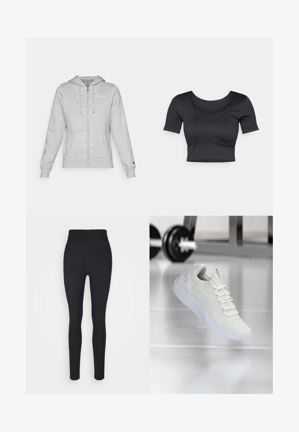 Gray zip-up hoodie made of soft fabric, featuring a logo on the left chest, drawstring hood, and front pockets. Classic fit with ribbed cuffs.; Black ribbed cropped top with short sleeves, wide round neckline, and a fitted band at the bottom. Soft texture, casual design.; Black leggings made of stretchy fabric, featuring a high waistband, ribbed panels on the sides, and a fitted design tapering at the ankles.; White athletic sneaker with a textured mesh upper and lacing system, featuring a cushioned white sole and subtle ribbed accents.