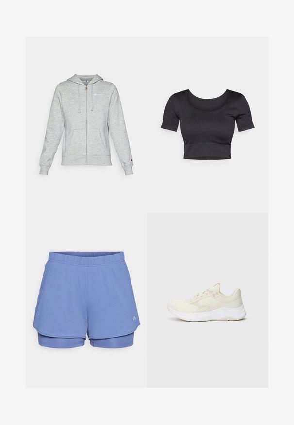 Hall tasuta sildi ja mugava materjali seljaosa, millel on vasakpoolsel rinnal logo, reguleeritav kapuuts ja ees taskud. Klassikaline lõige koos ribaga varrukateotega.; Must have rõngaste ja lühikeste varrukatega must ribakujundusega topsi, millel on lai ümar dekoltee ja madal vöökoht. Pehme tekstuur, juhuslik disain.; Heledadina sinised spordilühikesed püksid, mis on valmistatud tekstuuriga kangast, millel on elastne vöökoht, sisemine vooder ja diskreetne logo külje peal.; Heled värvusega sportlikud kingad, mis on valmistatud võrgust ja sünteetilisest materjalist, kareda ülaservaga, pehme tallaga ja diskreetse brändimisega.