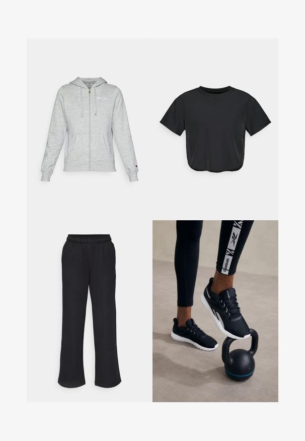 Sivi zip-up dukserica napravljena od mekog materijala, sa logotipom na lijevoj strani grudi, kapuljačom s crnim šnuricama i prednjim džepovima. Klasičan kroj s rebrastim manžetama.; Crni skraćeni majicu od mekog materijala, s okruglim izrezom, kratkim rukavima i opuštenim krojem. Suptilni detalji šivanja.; Crne trenirke s razvedrenim oblikom, elastičnim pojasom i bočnim džepovima. Izrađene od mekog materijala bez vidljivih uzoraka ili akcenta.; Crne sportske cipele s teksturiranim gornjim dijelom, bijelim potplatom i sivoj akcenti, postavljene na crni kettlebell s plavom prugom, na neutralnoj pozadini.