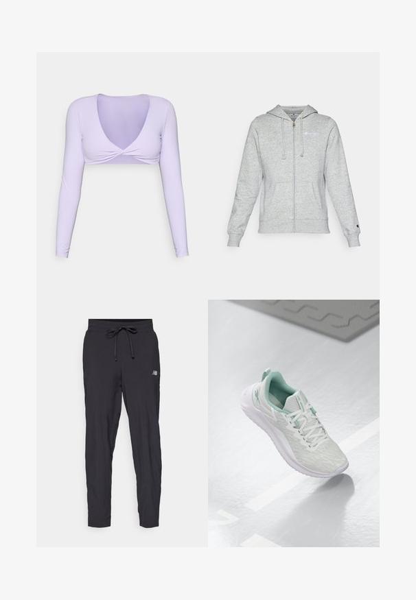 Grå dragkedjetröja i mjukt tyg, med en logotyp på vänster bröst, huva med snörning och framfickor. Klassisk passform med ribbad muddar.; Ljuslila långärmad cropped top med djup V-ringning och tvinnad framdesign. Tillverkad av mjukt, stretchigt tyg, perfekt för att lager på lager.; Svarta träningsbyxor i lätt material med elastisk midja och justerbart snöre. Har en liten logotyp på sidan.; Ljust grå sportskor med en texturerad stickad ovandel, mintgröna detaljer, vita snören, gummisula och en dragflik på hälen.