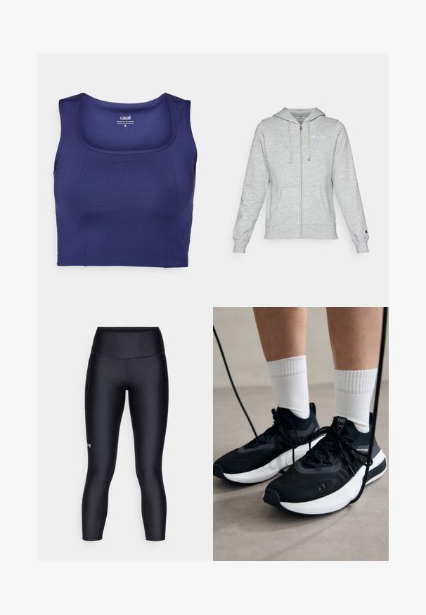 Pelēks zipa džemperis, izgatavots no mīkstas auduma, ar logotipu uz kreisā krūšu pagrieziena, ar auklu kapuci un priekšējām kabatām. Klasisks piegriezums ar elastīgu aproču apdari.; Jūras spēku zila sporta krūšturis, kas izgatavots no gludas, elastīgas auduma. Tam ir izsviests kakla izgriezums un plati siksniņas, ar pieguļošu siluetu un minimālām šuvēm.; Melnas leggingas, izgatavotas no gluda, elastīga auduma. Augstās jostasvietas dizains ar ciešu piegādi un nelielu logotipu uz kreisās kājas.; Melni sporta apavi ar strukturētu audumu, balta zole un melni šņores. Valkāti ar baltām ribotām zeķēm, stāvot uz gaišas virsmas.