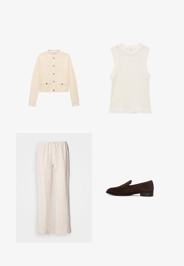 Cardigan boje kreme napravljen od teksturiranog materijala, sa dugim rukavima, okruglim izrezom, zlatnim dugmadima i prednjim džepovima.; Pletena bezrukavna majica u boji slonovače s teksturiranim, otvorenim tkanjem. Oko ruba rukava i donjeg ruba nalaze se valoviti detalji.; Lanene hlače širokog kroja u svijetloj bež boji s elastičnim pojasom i detaljem vezice. Imaju teksturiranu, blago naboranu površinu.; Smešani smeđi cipele bez pertli s glatkom teksturom, izduženim oblikom, niskim blok petom i minimalističkim dizajnom. Nema vidljivih uzoraka ili ukrasa.