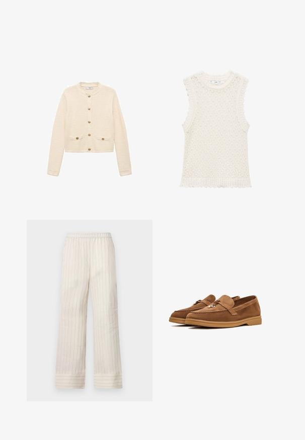Cremfarbener Cardigan aus strukturiertem Stoff, mit langen Ärmeln, rundem Ausschnitt, goldenen Knöpfen und Vordertaschen.; Strickoberteil ohne Ärmel in Elfenbein mit einem strukturierten, offenen Gewebemuster. Die gewellten Kanten an den Armöffnungen und dem unteren Saum verleihen Detail.; Helle beige weite Hosen mit vertikalen Streifen, elastischem Taillenbund und umgeschlagenen Säumen. Hergestellt aus einem glatten, weichen Stoff.; Braune Wildlederslipper mit flacher Sohle, ausgestattet mit einer dekorativen Schleife und subtilen Stickdetails. Rundliche Zehenform.