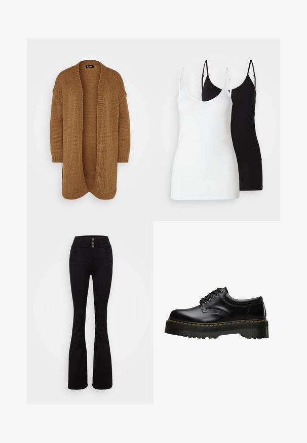 Cardigan longo, com abertura à frente, feito de um suave tecido de malha castanho texturizado. Apresenta ombros caídos e punhos canelados, com um ajuste confortável e descontraído.; Dois tops de mulher: um branco e um preto, feitos de um tecido suave, com alças finas e um design de decote em V profundo.; Jeans pretos em corte amplo, feitos de denim, com uma cintura alta e três fechos de botão, bolsos frontais e uma textura suave.; Sapat shoe de couro preto com atacadores, possuindo uma sola de borracha preta espessa e serrilhada e costura amarela ao longo da borda, apresentando um acabamento liso.