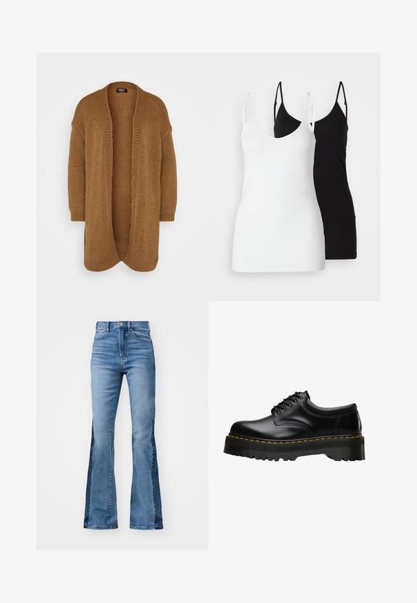 Pitkä, avonainen neulejakku, joka on valmistettu pehmeästä, teksturoidusta ruskeasta neuloksesta. Siinä on pudotetut olkapäät ja ribattu hihansuu, sekä mukava, rento istuvuus.; Kaksi naisten toppeja: yksi valkoinen ja yksi musta, pehmeästä kankaasta valmistettu, ohuilla olkaimilla ja syvällä V-leikkauksella.; Gap Tall 70S - Flared-farkut - medium indigo; Musta nahkainen nauhalenkkiavainkengät, joissa on paksu, sahalaitainen musta kumipohja ja keltaiset tikkaukset reunassa, näyttäen sileältä.