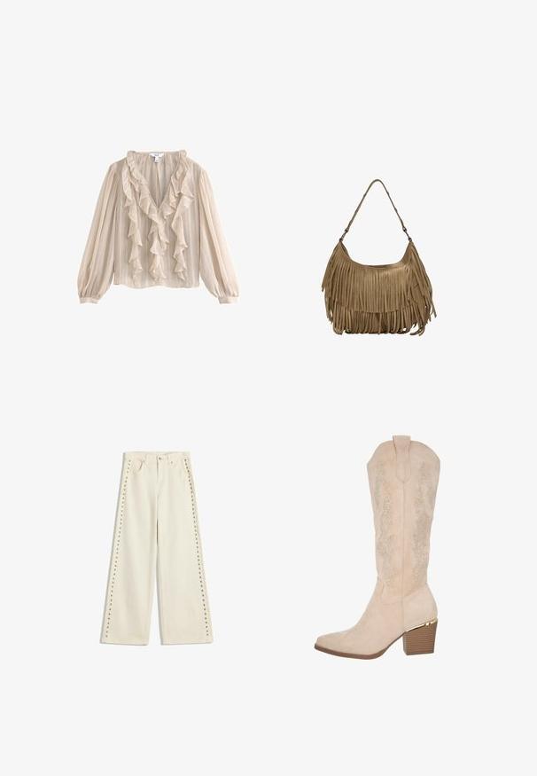 Jasnoróżowy sweter z dzianiny o teksturowanym wykończeniu, z dekoltem w serek i trzema kokardkami z przodu. Posiada długie rękawy i skrócony kolor.; Jasno-beżowa bluzka z długimi, bufkami, falbaniastym dekoltem w kształcie litery V, teksturowanym materiałem i pionowym wzorem w paski.; Jasno kremowe dżinsy o szerokich nogawkach z metalowymi wstawkami wzdłuż zewnętrznych szwów, pięcioma kieszeniami oraz standardowym zapięciem na guzik.; Beżowe zamszowe kowbojki z haftowanymi detalami i małymi cekinami. Mają kwadratowy czubek i krótki, piętę złożoną, akcentowaną złotem.; Brązowa torebka z zamszu z długimi frędzlami, o zakrzywionym kształcie i pojedynczym paskiem na ramię. Posiada gładką, teksturowaną powierzchnię.