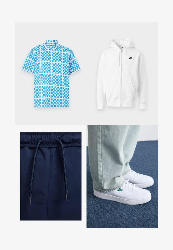 Felpa bianca con zip realizzata in tessuto morbido, con un logo Nike nero sul lato sinistro del petto e due tasche frontali. Cappuccio regolabile con cordini.; Camicia a maniche corte di colore azzurro chiaro con motivo a quadretti, con dettagli bianchi e un bottone arancione vicino al colletto. Realizzata in tessuto leggero.; Shorts blu navy con elastico in vita, dotati di un cordino testurizzato e tessuto morbido.; Sneakers in pelle bianca con logo Nike verde, punta rotonda, suola piatta, abbinati a pantaloni in denim azzurro, mostrati su un tappeto blu.