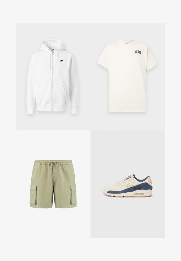Vit zip-up hoodie i mjuk bomullsblandning. Utrustad med en svart Nike-logotyp, framfickor och justerbar dragsko i huvan. Mjuk textur.; Krämm färgad bomulls t-shirt med kort ärm, med "NIKE SB" i svart och röd text på bröstet. Standard rund halsringning.; Khaki cargo shorts med resårmidja, dragsko, två sidofickor och två sidofickor för last. Tillverkade av lättviktigt tyg.; Sneakers med ovandel i krämfärgad läder och marinblå mocka, featuring en synlig luftsål, beige gummisula och röd accent på hälen.