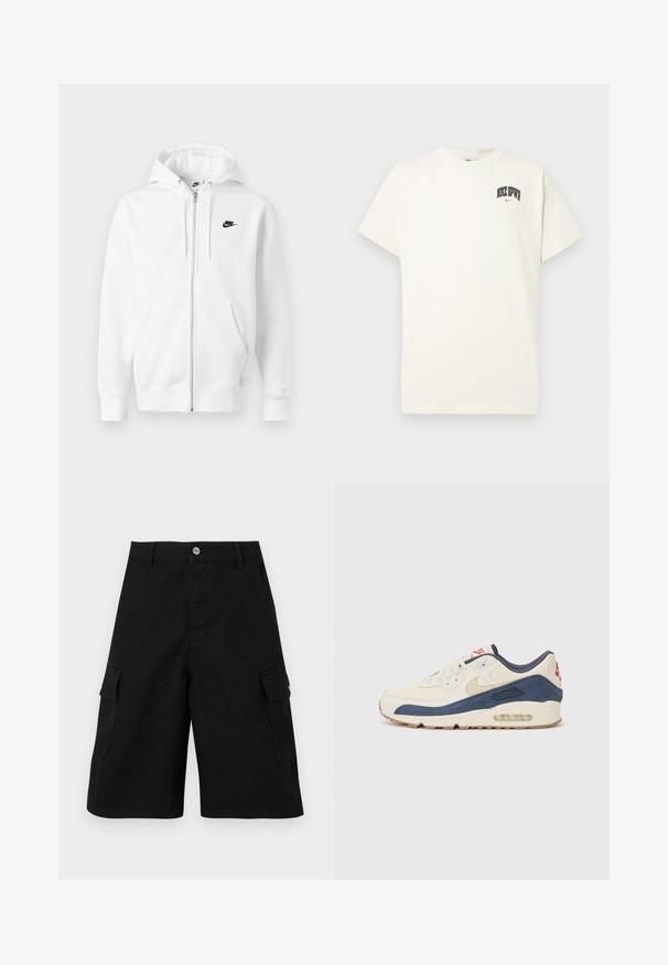 Valkoinen vetoketjullinen huppari, valmistettu pehmeästä puuvillasekoitteesta. Varustettu mustalla Nike-logolla, etutaskuilla ja säädettävällä kiristysnauhalla hupussa. Sileä pinta.; Kermanvärinen puuvillapaita lyhyillä hihoilla, jossa rintakehässä on musta- ja punateksti "NIKE SB". Standardi pyöreä kaula-aukko.; Mustat cargo-shortsit, jotka on valmistettu kestävästä kankaasta. Ominaisuuksiin kuuluu kaksi sivutaskua, vetoketjuhäppä ja yksinkertainen vyötärö vyöpinnoilla. ; Tennarit, joissa on kermanvärinen nahka ja merimiessininen mokka päällinen, näkyvällä ilmasoolalla, beige kumipohja ja punainen yksityiskohta kantapäässä.