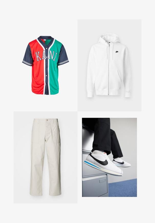 Sudadera blanca con cremallera hecha de una mezcla suave de algodón. Cuenta con un logo negro de Nike, bolsillos frontales y capucha con cordón ajustable. Textura suave.; Camiseta de manga corta con secciones en rojo y verde, mangas y ribete en azul marino. Presenta un cierre de botones y la palabra "KANI" en letras blancas en la parte delantera.; Pantalones de pierna ancha color beige claro, hechos de algodón. Cuentan con bolsillos frontales y cierre de botón. Textura suave con sutiles líneas verticales.; Zapatillas blancas de cuero con un swoosh negro de Nike, suela de goma en azul claro y gris, y un diseño clásico de cordones. Pies apoyados en un archivero.
