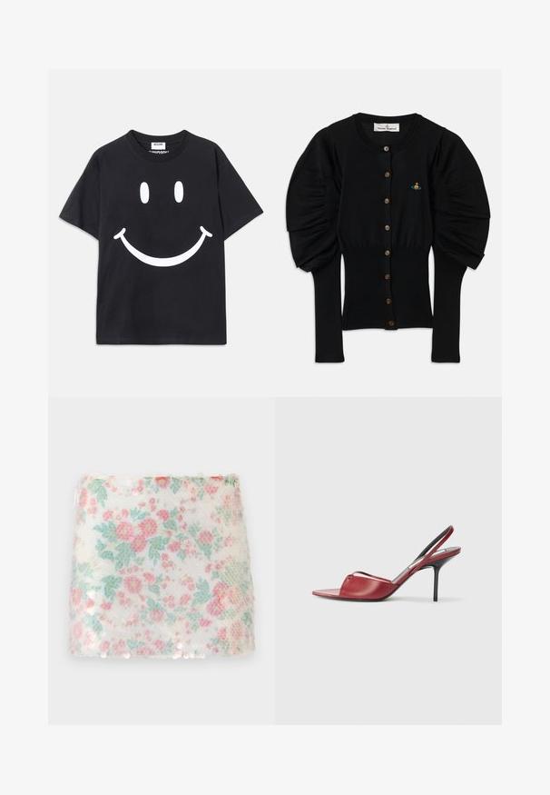 Melnā adīta jakas ar pūkainām piedurknēm, astoņi brūni pogas priekšpusē un neliels krāsains izšuvums tuvu krūtīm.; Melnas īsu piedurkņu T-kreklas no kokvilnas ar lielu balto smaidošo seju grafiku priekšā. Klasiska apļa kakla izgriezums.; Ziedu raksta balta auduma ar pasteļrozā un zaļiem ziediem, ar teksturētu virsmu un smalkiem spīguļiem apakšējā malā.; Sarkans ādas slingback augstpapēžu sandaļu modelis ar izgrieztu purngalu, plānu siksniņu pāri kājai un šauru stiletto papēdi.