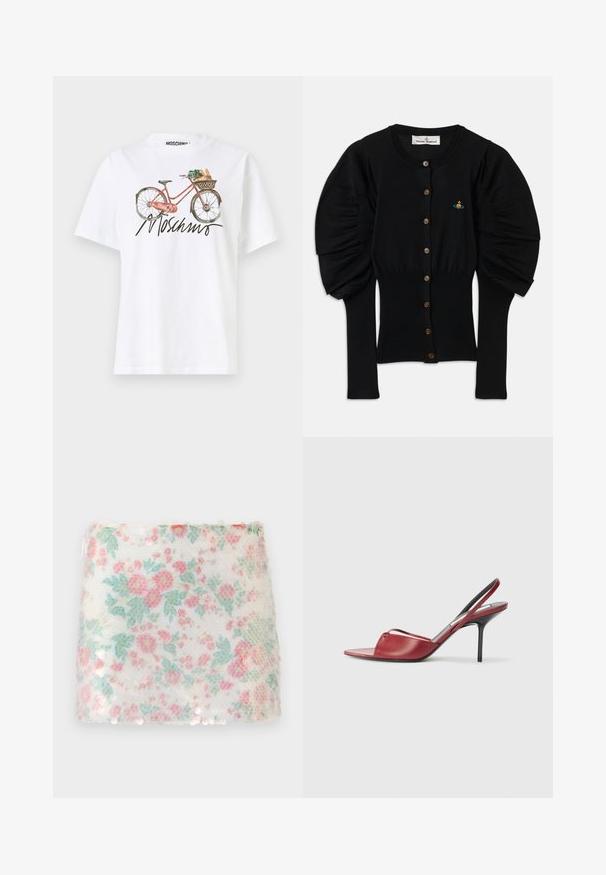 Black knitted cardigan with puffed sleeves, eight brown buttons down the front, and a small colorful embroidered design near the chest.; MOSCHINO FLOWERS AND BIKES - Print T-shirt - fantasia bianco; Floral-patterned white fabric with pastel pink and green flowers, featuring a textured surface and subtle sequins along the bottom edge.; Red leather slingback heeled sandal with a pointed open toe design, thin strap across the foot, and a narrow stiletto heel.