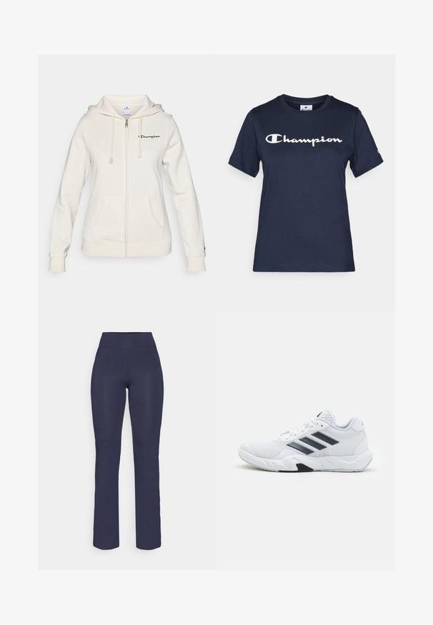 Λευκή ζακέτα με φερμουάρ φτιαγμένη από απαλή ύφανση, διαθέτει κουκούλα με κορδόνι, μπροστινές τσέπες και ένα μικρό λογότυπο στο αριστερό στήθος.; Μπλε ναυτικό βαμβακερό μπλουζάκι με κοντά μανίκια, που διαθέτει το λευκό λογότυπο "Champion" στο στήθος και ένα μικρό λογότυπο στο μανίκι.; Σκούρο μπλε, εφαρμοστά κολάν γιόγκα με ψηλή μέση και ίσια πόδια, κατασκευασμένα από έναν λείο, ελαστικό ύφασμα. Χωρίς ορατά σχέδια ή διακοσμητικά στοιχεία.; Λευκό αθλητικό παπούτσι με πλέγμα στην άνω επιφάνεια, τρεις μαύρες ρίγες στο πλάι, υφές με αντίθεση, και ανθεκτική καουτσούκ σόλα με μια αντιπαραβαλλόμενη μαύρη περιοχή.
