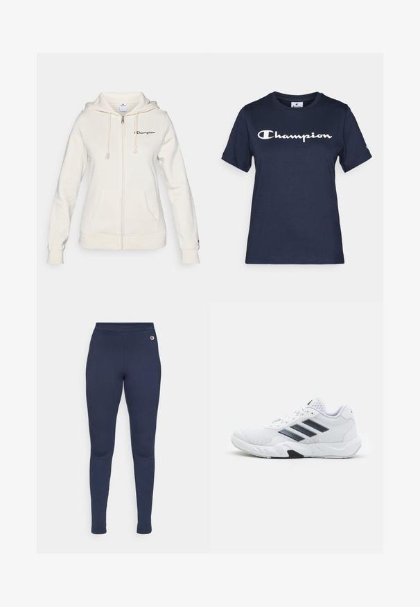 Bela zip-up kapuca iz mehkega materiala, z vrvico za nastavljanje kapuce, sprednjimi žepi in majhnim logotipom na levi strani prsnega koša.; Mornarice modra bombažna majica s kratkimi rokavi, ki ima bel napis "Champion" čez prsa in majhen logotip na rokavu.; Mornarske leggins iz raztegljive tkanine, s prilegnjenim dizajnom, gladkim pasom in majhnim logotipom na boku.; Bela atletska čevlja z mrežastim zgornjim delom, tremi črnimi črtami na strani, teksturiranimi dodatki in trdim gumijastim podplatom z kontrastnim črnim delom.