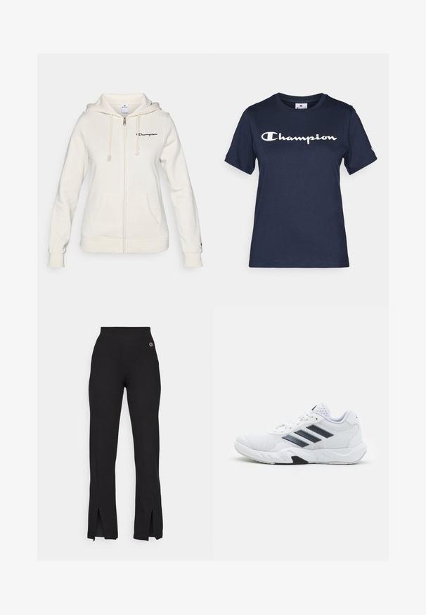 White zip-up hoodie made of soft fabric, featuring a drawstring hood, front pockets, and a small logo on the left chest.; Navy blue cotton t-shirt with short sleeves, featuring a white "Champion" logo across the chest and a small logo on the sleeve.; Black fabric pants with a high waistband, featuring side slits at the hem and a small embroidered logo on the upper left side.; White athletic shoe with mesh upper, three black stripes on the side, textured accents, and a sturdy rubber sole with a contrasting black section.