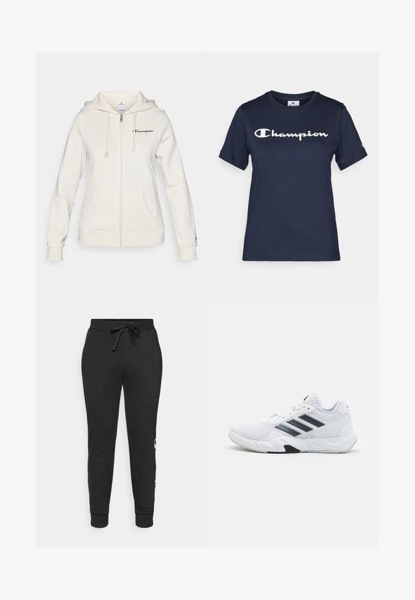 Witte zip-up hoodie van zachte stof, met een trekkoordcapuchon, voorzakken en een klein logo op de linkerborst.; Navyblauwe katoenen t-shirt met korte mouwen, voorzien van een witte "Champion"-logo op de borst en een klein logo op de mouw.; Zwarte tapers joggers met een trekkoord in de taille, gemaakt van zachte stof. Kenmerkt zich door ribbenboorden en een geprinte logo-detail aan de zijkant.; Witte sportieve schoen met een bovenwerk van mesh, drie zwarte strepen aan de zijkant, gestructureerde accenten en een stevige rubberen zool met een contrasterend zwart gedeelte.