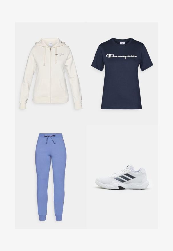 Weiße Zip-Hoodie aus weichem Stoff, mit Kapuze mit Kordelzug, Vordertaschen und kleinem Logo auf der linken Brust.; Marineblaues Baumwoll-T-Shirt mit kurzen Ärmeln, das ein weißes "Champion"-Logo über der Brust und ein kleines Logo auf dem Ärmel zeigt.; Helle blaue Sweatpants aus weichem Stoff, mit einem Kordelzugbund, gerippten Bündchen und einem kleinen Logo auf dem Oberschenkel.; Weißer Sportschuh mit Mesh-Obermaterial, drei schwarzen Streifen an der Seite, strukturierten Akzenten und einer robusten Gummisohle mit einem kontrastierenden schwarzen Bereich.