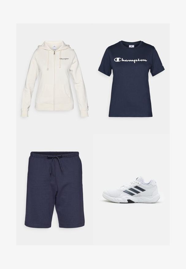 Weiße Zip-Hoodie aus weichem Stoff, mit Kapuze mit Kordelzug, Vordertaschen und kleinem Logo auf der linken Brust.; Marineblaues Baumwoll-T-Shirt mit kurzen Ärmeln, das ein weißes "Champion"-Logo über der Brust und ein kleines Logo auf dem Ärmel zeigt.; Marineblaue Shorts aus weichem Stoff mit elastischem Bund und verstellbarem Kordelzug. Verfügt über eine glatte Textur und ein schlichtes Design.; Weißer Sportschuh mit Mesh-Obermaterial, drei schwarzen Streifen an der Seite, strukturierten Akzenten und einer robusten Gummisohle mit einem kontrastierenden schwarzen Bereich.