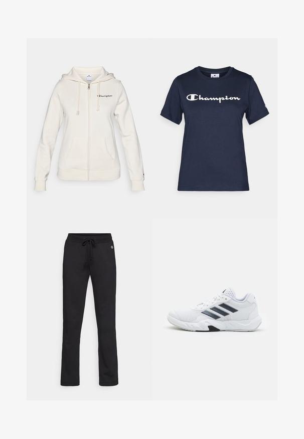 Bela zip-up kapuca iz mehkega materiala, z vrvico za nastavljanje kapuce, sprednjimi žepi in majhnim logotipom na levi strani prsnega koša.; Mornarice modra bombažna majica s kratkimi rokavi, ki ima bel napis "Champion" čez prsa in majhen logotip na rokavu.; Črne trenirke iz mehkega materiala, z vrvico za prilagajanje v pasu, ravnimi nogami in diskretnim logotipom na zgornji strani.; Bela atletska čevlja z mrežastim zgornjim delom, tremi črnimi črtami na strani, teksturiranimi dodatki in trdim gumijastim podplatom z kontrastnim črnim delom.