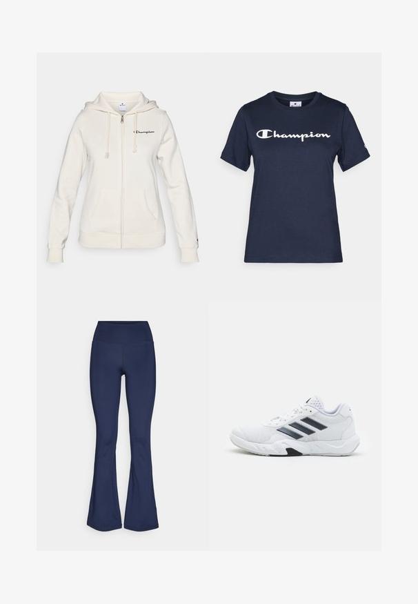 Valkoinen vetoketjuhuppari, joka on valmistettu pehmeästä kankaasta. Siinä on kiristettävä huppu, etutaskut ja pieni logo vasemmassa rinnassa.; Tummansininen puuvillapaita lyhyillä hihoilla, jossa on valkoinen "Champion"-logo rinnassa ja pieni logo hihassa.; Navy siniset leveälahkeiset legginsit, jotka on valmistettu venyvästä kankaasta, jossa on korkea vyötärö, sileä rakenne ja ei näkyviä kuvioita tai metalliosia.; Valkoiset urheilukengät, joissa on verkkomateriaali päällisessä, kolme mustaa raitaa sivussa, teksturoidut yksityiskohdat ja kestävä kumipohja, jossa on kontrastina musta osa.