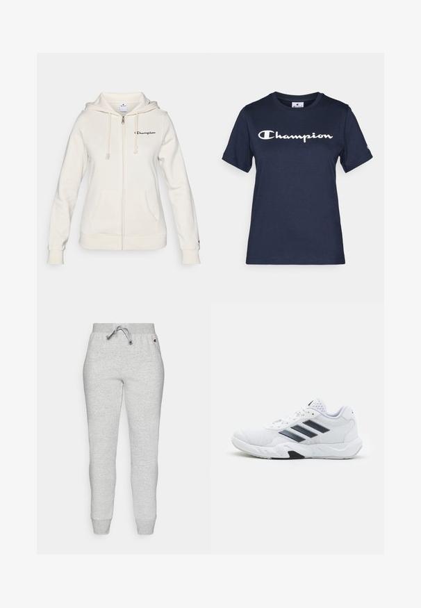 Bílá mikina na zip vyrobená z měkké tkaniny, s kapucí na šňůrku, předními kapsami a malým logem na levé hrudi.; Námořnická modrá bavlněná tričko s krátkými rukávy, s bílým logem "Champion" přes hrudník a malým logem na rukávu.; Šedé tepláky vyrobené z měkké tkaniny, s elastickým pasem na šňůrku, zúženými nohavicemi a žebrovanými manžetami.; Bílé sportovní boty s vrškem ze síťoviny, třemi černými pruhy po stranách, texturovanými akcenty a odolnou gumovou podrážkou s kontrastní černou částí.